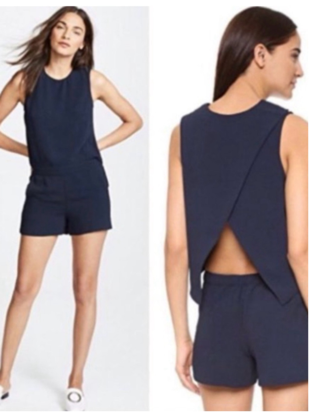 Club Monaco Navy Sleeveless Crossover Open Back Romper